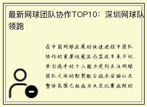 最新网球团队协作TOP10：深圳网球队领跑