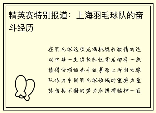 精英赛特别报道：上海羽毛球队的奋斗经历