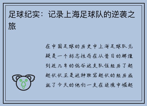 足球纪实：记录上海足球队的逆袭之旅