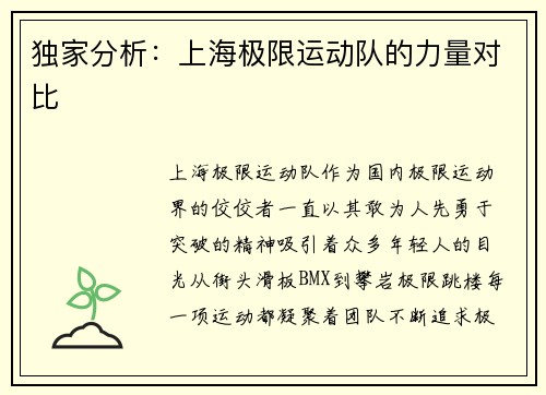 独家分析：上海极限运动队的力量对比