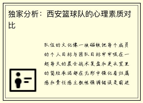 独家分析：西安篮球队的心理素质对比