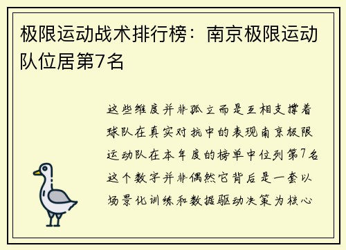 极限运动战术排行榜：南京极限运动队位居第7名